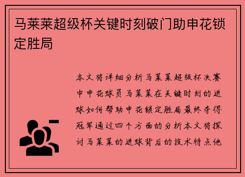 马莱莱超级杯关键时刻破门助申花锁定胜局
