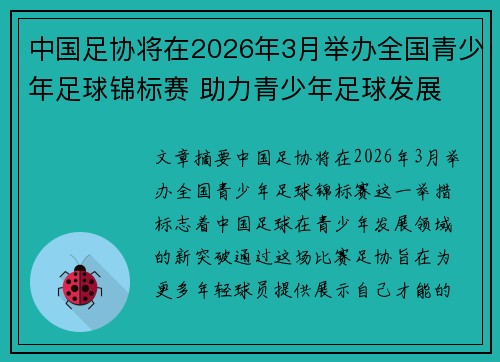 中国足协将在2026年3月举办全国青少年足球锦标赛 助力青少年足球发展
